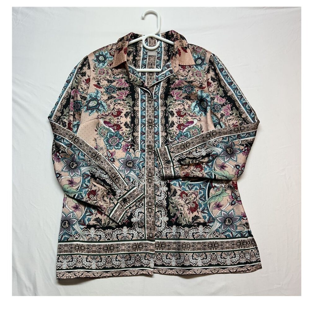Chico's Boho Floral Satin Button Blouse Multicolor Long Sleeve Collared Size 0